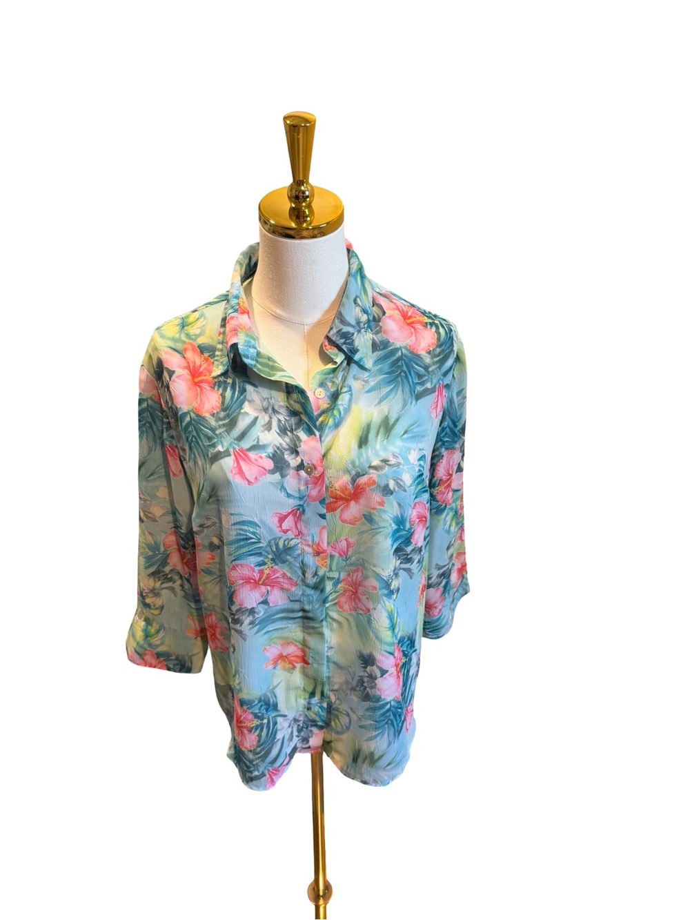 Vintage lemon grass Tropical Floral Button-Down Shirt in Aqua and Pink